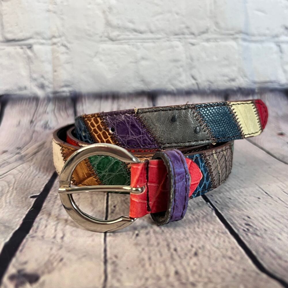 Multicolor Patchwork Belt Leather Silver Made in Italy Artsy Boho Womens Sz L